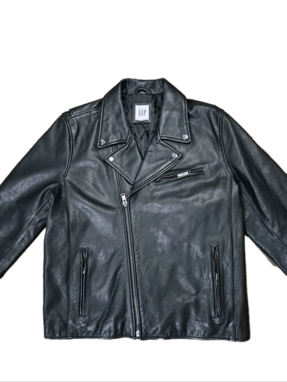 GAP Black Peebled Leather Biker Jacket Size L. - Picture 15 of 15